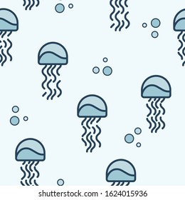 Seamless pattern with small jellyfishes in the sea. Delicate shades of blue. Flat style. Light background. Bubbles of air. Sea animals swim up. Bold dark blue outline.