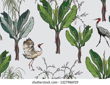 Seamless Pattern Small Jungle Plants Isolated Elements with Spring Blooms with Love Couple Dancing Cranes on Grey Background
