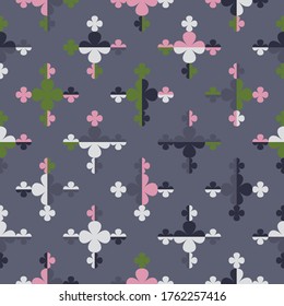 Seamless pattern of small and large four leaf clover symbols. Regularly repeating geometric vector shapes for wallpaper, interior fabrics, prints and stationery. 