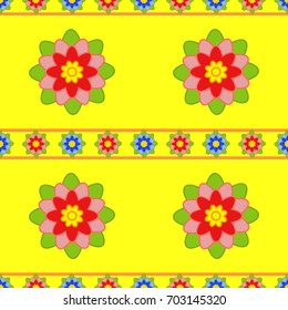 Seamless pattern of small and large red flowers with green leaves on a yellow background