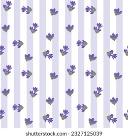 Seamless pattern with small lavender flowers and vertical stripes. Endless violet floral background. Holiday wrapping paper, Provence wedding style, Wallpaper, banner, decorative template. 