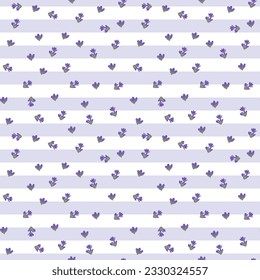 Seamless pattern with small lavender flowers and stripes. Endless violet floral background. Holiday wrapping paper, Provence wedding style, Wallpaper, banner, decorative template. 