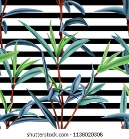 Seamless pattern small leaf plant floral with black and white strip Background