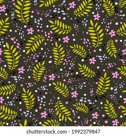 Seamless pattern with small leaves and flowers. Mustard leaves and pink flowers on a gray background. Summer style. Botany decor. Natural, romantic background. Vector.