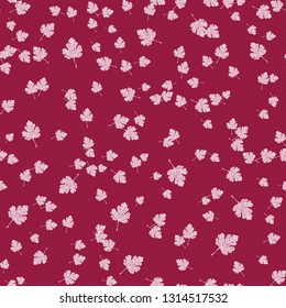 Seamless pattern with small leaves, maroon background and white and pink leaves to decorate the background of the album, postcards or books