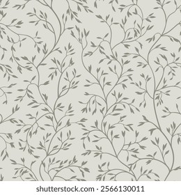 Seamless pattern with small leaves on winding branches. Vector illustration. Gray.