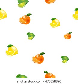 Seamless pattern with small lemons, limes and oranges stickers different sizes with leaves and slices on white background.