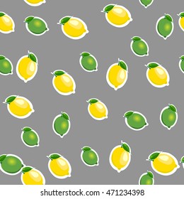 Seamless pattern with small lemons and limes stickers different sizes with leaves on gray background.