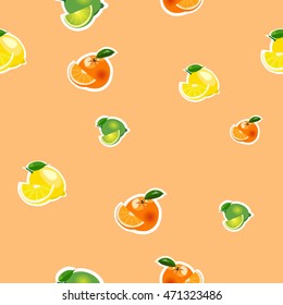 Seamless pattern with small lemons, limes and oranges stickers different sizes with leaves and slices on orange background.