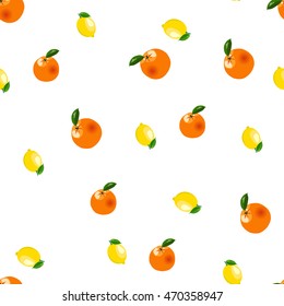 Seamless pattern with small lemons and oranges stickers different sizes with leaves on white background.