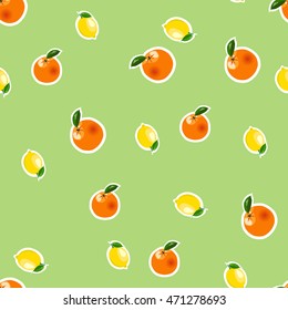Seamless pattern with small lemons and oranges stickers different sizes with leaves on light green background.