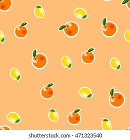 Seamless pattern with small lemons and oranges stickers different sizes with leaves on orange background.