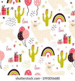 Seamless pattern with a small llama, cacti, gifts. Vector illustration of a llama for birthday decoration. Flat doodle style. Children's pattern with an alpaca. Happy Birthday. 