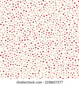 Seamless pattern of small magenta hearts and heart outlines on a cream background.
