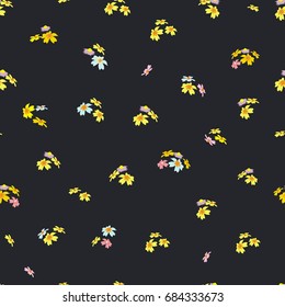 Seamless pattern with small meadow flowers on a dark background. Floral background for textile, gift wrap, covers, print, and various designs. vector.