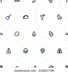 Seamless pattern of small Mexico icons with random dots on transparent background.
