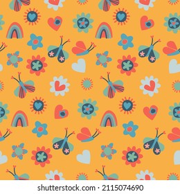 Seamless pattern with small multicolored flowers, hearts, butterflies, rainbows, sun. Retro 60s, 70s design for gift wrap, textile, home decor. Love, Valentines Day concept