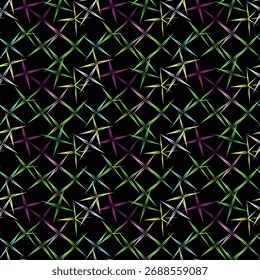 A seamless pattern of small, multicolored four-pointed stars or crosses scattered across a black background.