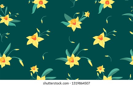 Seamless pattern of  small narcissus flowers with green leaves. Spring flowers print. Vector illustration for textile, postcard, wrapping paper, poster, background, book, t-shirt.