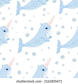 Seamless pattern with small narwhal.Cartoon vector graphics.