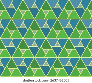 A seamless pattern of small overlapping triangles within triangles rotated and alternating in blue and green shades.