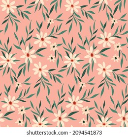 Seamless pattern with small painted flowers, leaves. Liberty composition of pink flowers, leaves on a pink background. A romantic floral print with a simple modern design. Vector.