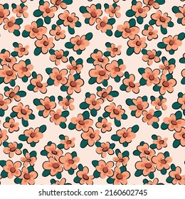 Seamless pattern with small pale flowers in retro style. Floral print, romantic botanical background with tiny hand drawn plants, outline flowers, leaves on a pink field. Vector illustration.