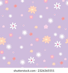 Seamless pattern with small pastel flowers on violet background, doodle. Vector illustration.