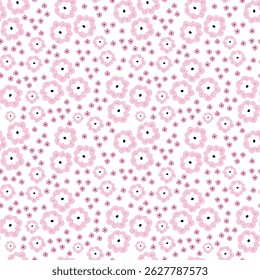 Patrón sin fisuras con Pequeñas flores de dibujos animados de color rosa en un estilo dibujado a mano. Diseño floral lindo y mínimo en un fondo blanco, ideal para los textiles del bebé, decoración del vivero, envoltura 