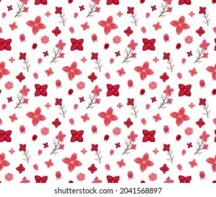 Seamless pattern with small pink and coral flowers on a white background. Natural texture with sakura buds. Vector floral wallpaper. Delicate fabric with hand-drawn cartoon kosmeya