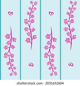 Seamless pattern of small pink flowers, heart shape and lines in blue background. Vector illustration., japanese style wallpaper.