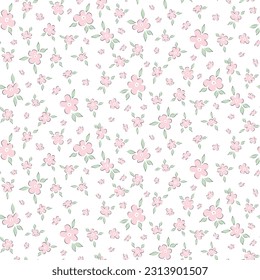 Seamless pattern of small pink flowers and green leaves. Floral print