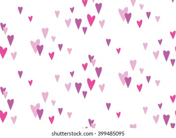 Seamless pattern with small pink hearts. White background. Wrapping. Romantic desing. Purple, pink color. Pastel. For decorating postcards, backgrounds, packages.
