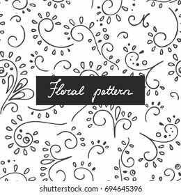 Seamless pattern with small plants and flowers. Hand drawing. Linear pattern for the design of surfaces, textiles, curtains, wallpaper, packaging and wrapping paper, covers and other