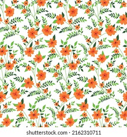 Seamless pattern with small plants, wildflowers and herbs in rustic style. Cute floral print, romantic botanical background with tiny orange flowers, various leaves on a white field. Vector.