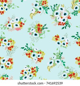 Seamless pattern in small pretty blue flowers. Poppy bouquets. Liberty style millefleurs. Floral background for textile, wallpaper, pattern fills, covers, surface, print, wrap, scrapbooking, decoupage