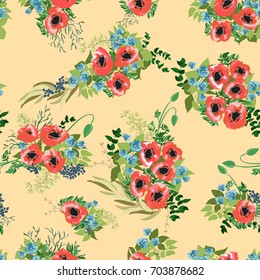Seamless pattern in small pretty flowers. Poppy bouquets. Liberty style millefleurs. Floral background for textile, wallpaper, pattern fills, covers, surface, print, wrap, scrapbooking, decoupage.