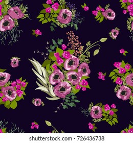 Seamless pattern in small pretty flowers. Poppy bouquets. Liberty style millefleurs. Floral background for textile, wallpaper, pattern fills, covers, surface, print, wrap, scrapbooking, decoupage.