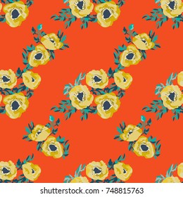 Seamless pattern in small pretty flowers. Poppy bouquets. Diagonal order millefleurs. Floral background for textile, wallpaper, covers, surface, print, wrap, scrapbooking, decoupage