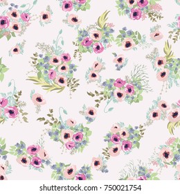 Seamless pattern in small pretty flowers. Poppy bouquets. Liberty style millefleurs. Floral background for textile, wallpaper, pattern fills, covers, surface, print, wrap, scrapbooking, decoupage.