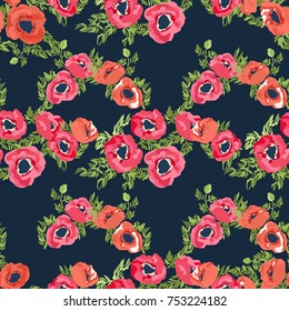 Seamless pattern in small pretty flowers. Poppy bouquets. Regular order millefleurs. Floral background for textile, wallpaper, pattern fills, covers, surface, print, wrap, scrapbooking, decoupage.