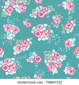Seamless pattern in small pretty flowers. Cute bouquets. Liberty style millefleurs. Floral background for textile, wallpaper, pattern fills, covers, surface, print, wrap, scrapbooking, decoupage.