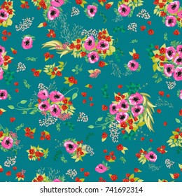 Seamless pattern in small pretty pink flowers. Poppy bouquets. Liberty style millefleurs. Floral background for textile, wallpaper, pattern fills, covers, surface, print, wrap, scrapbooking, decoupage