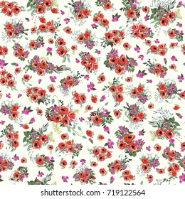 Seamless pattern in small pretty red flowers. Poppy bouquets. Liberty style millefleurs. Floral background for textile, wallpaper, pattern fills, covers, surface, print, wrap, scrapbooking, decoupage.