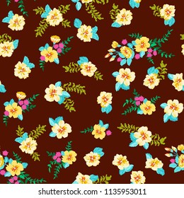 Seamless pattern in small pretty wild yellow flowers. Cute bouquets. Liberty style millefleurs. Floral background for textile, wallpaper,  covers, surface, print, wrap, scrapbooking, decoupage