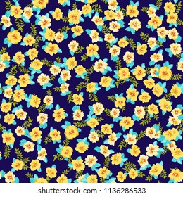 Seamless pattern in small pretty wild yellow flowers. Cute bouquets. Liberty style millefleurs. Floral background for textile, wallpaper, covers, surface, print, wrap, scrapbooking, decoupage