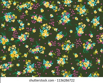 Seamless pattern in small pretty wild yellow flowers. Cute bouquets. Liberty style millefleurs. Floral background for textile, wallpaper, covers, surface, print, wrap, scrapbooking, decoupage
