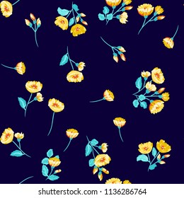Seamless pattern in small pretty wild yellow flowers. Cute bouquets. Liberty style millefleurs. Floral background for textile, wallpaper,  covers, surface, print, wrap, scrapbooking, decoupage