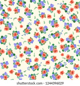Seamless pattern in small pretty wild flowers. Cute bouquets. Liberty style millefleurs. Floral background for textile, wallpaper, pattern fills, covers, surface, print, wrap, scrapbooking, decoupage