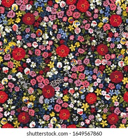 Seamless pattern in small pretty wild flowers. Cute bouquets. Liberty style millefleurs. Floral background for textile, wallpaper, pattern fills, covers, surface, print, wrap, scrapbooking, decoupage